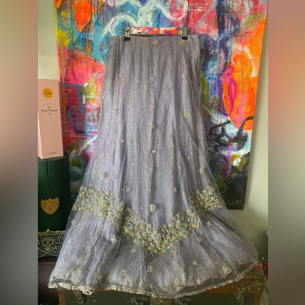 Beautiful Sari Shimmer Beaded Maxi SKIRT cocktail Holiday Party Silver Pale 💜